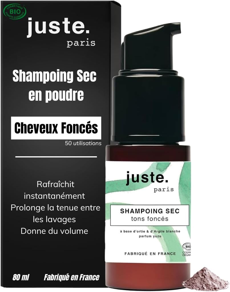 Juste.Paris Shampoing Sec Poudre Bio Sans Aérosol - Cheveux Foncés - 50 utilisations - Absorbe le Sébum, Redonne Volume et Douceur – Parfum Yuzu - Fabriqué en France Spray - Cheveux Foncés