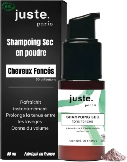Juste.Paris Shampoing Sec Poudre Bio Sans Aérosol - Cheveux Foncés - 50 utilisations - Absorbe le Sébum, Redonne Volume et Douceur – Parfum Yuzu - Fabriqué en France Spray - Cheveux Foncés