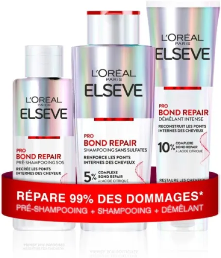 L'Oréal Paris - Routine Capillaire Réparatrice pour Cheveux Abîmés & Sur-Sollicités - Pré-Shampooing + Shampooing + Démêlant - Complexe à l'Acide Citrique - Elseve Pro Bond Repair - 3 Produits Routine Complète Bond Repair