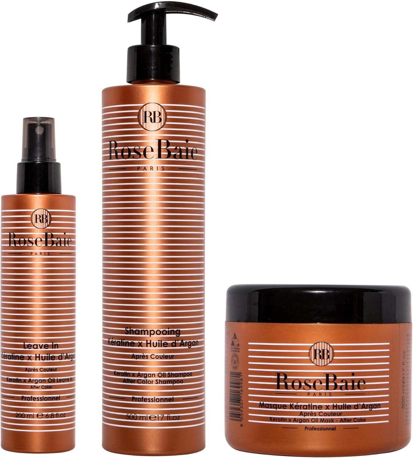 ROSEBAIE - Routine Argan et Kératine - Cheveux Colorés Méchés - Protège et Prolonge la Couleur - Douceur et Brillance - Antioxydant - Shampoing 500ml - Masque 500ml - Crème Leave-In Sans Rinçage 200ml