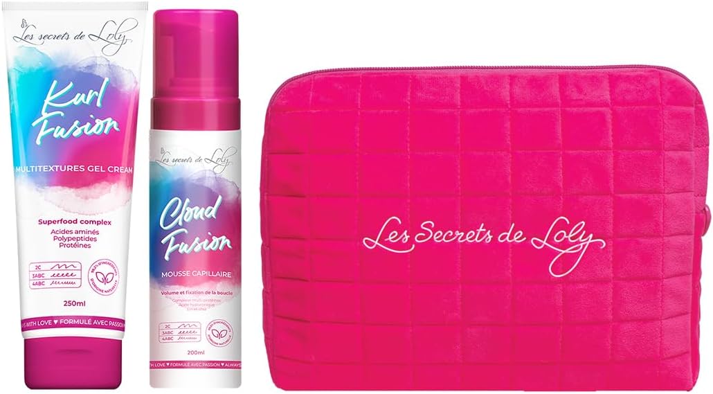 Lot Kurl Fusion & Cloud Fusion + Trousse – Crème Gel & Mousse coiffante – Hydratation, nutrition, définition, fixation longue durée – Ingrédients naturels – 250ml & 200ml
