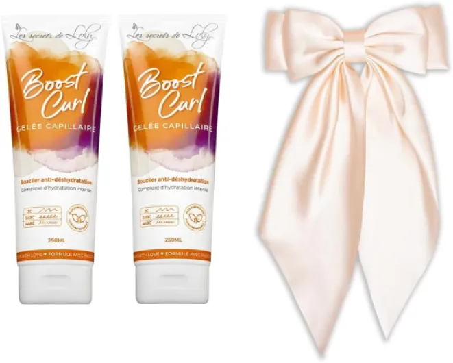 Lot de 2 Boost Curl + Noeud en satin – Gelée Capillaire Coiffante – Hydratation, Définition et Style- Sans Effet Carton – Formule Naturelle à 99,2% – 2x 250ml 2x 250ml + Noeud