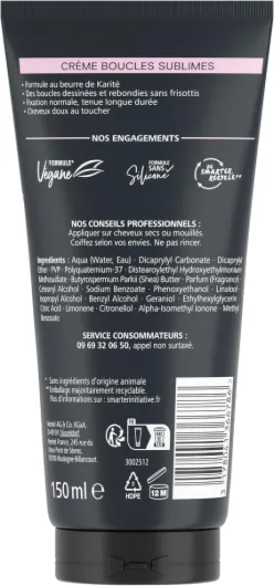 , Crème Boucles Sublimes, Definit les boucles, Anti-Frisottis, Formule avec du beurre de Karité, Végane et sans silicone, Fixation normale, Tenue longue durée, 150ml