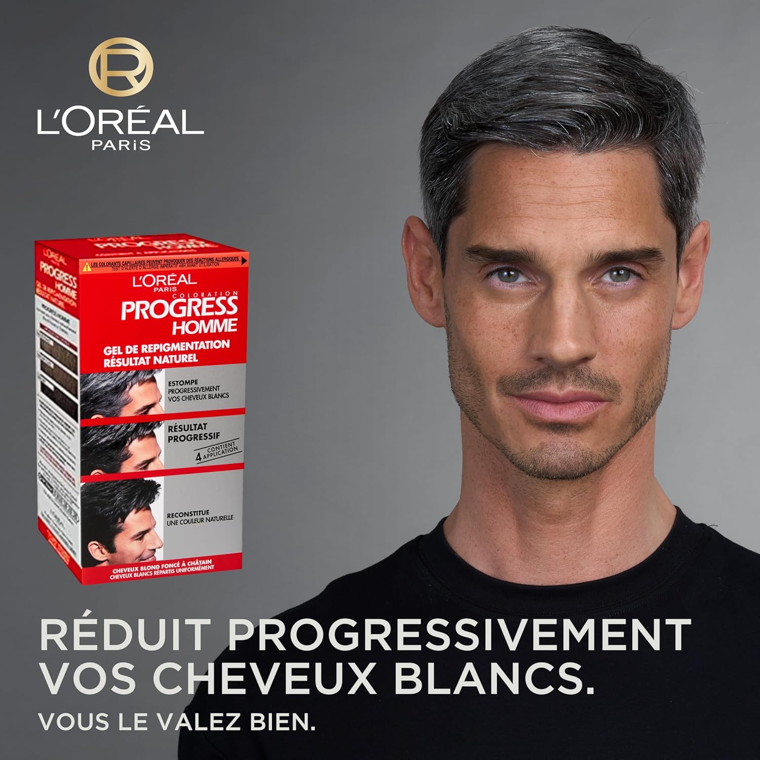 L'Oréal Paris - Gel de Repigmentation Sans Ammoniaque - Coloration des Cheveux Blancs pour Hommes - Résultat Naturel sur Tous Types de Cheveux - Contient 4 Applications - Progress Homme