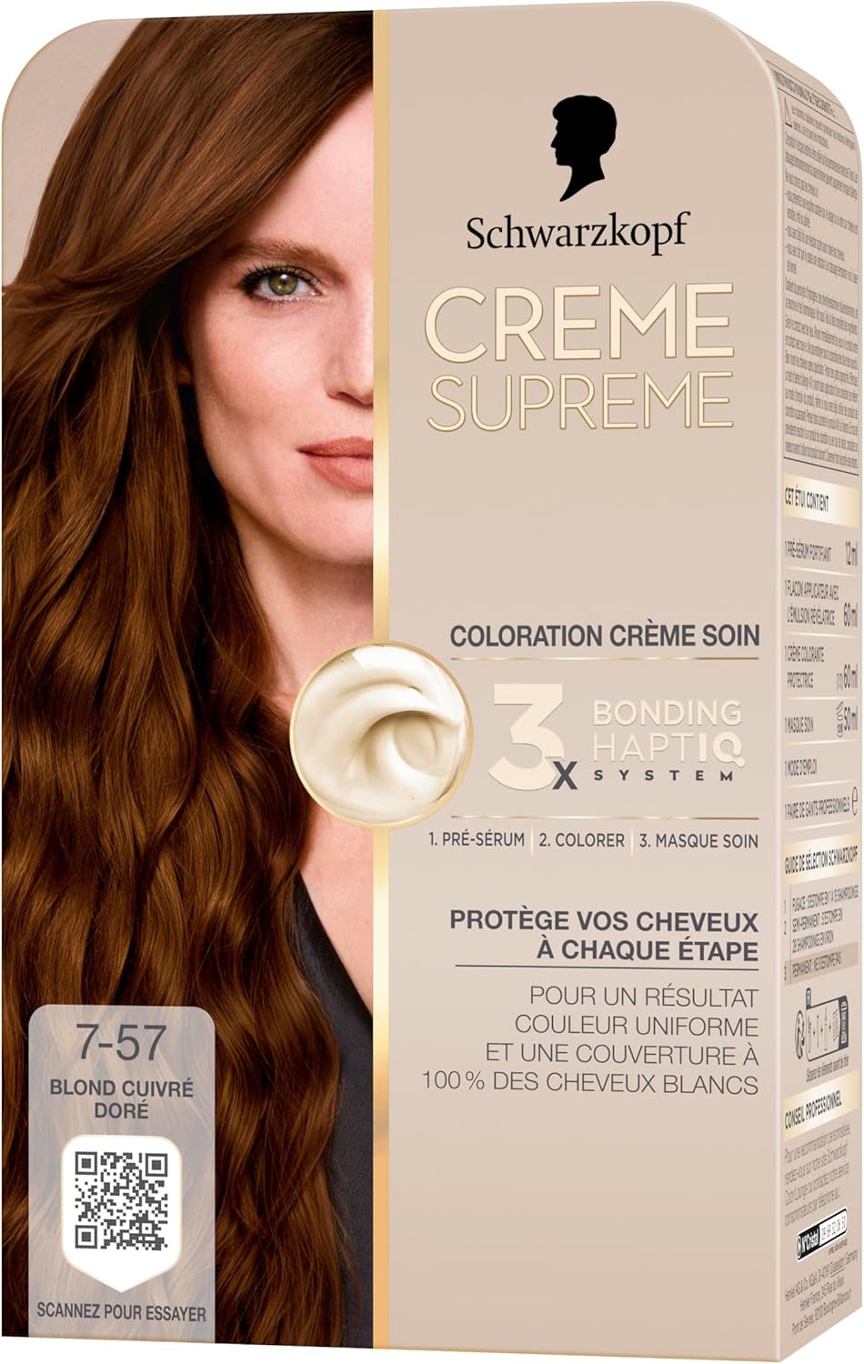 Creme Supreme - Schwarzkopf - Coloration Permanente - Resultat Couleur Uniforme - Coloration Creme Soin -Bonding - Pre-serum et Masque Soin -Couverture 100% Cheveux Blancs - 7-57 -Blond Cuivré Cendré