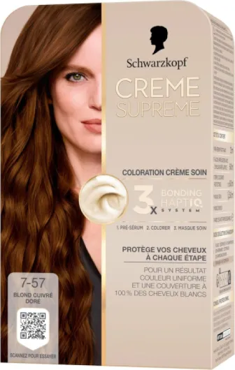 Creme Supreme - Schwarzkopf - Coloration Permanente - Resultat Couleur Uniforme - Coloration Creme Soin -Bonding - Pre-serum et Masque Soin -Couverture 100% Cheveux Blancs - 7-57 -Blond Cuivré Cendré