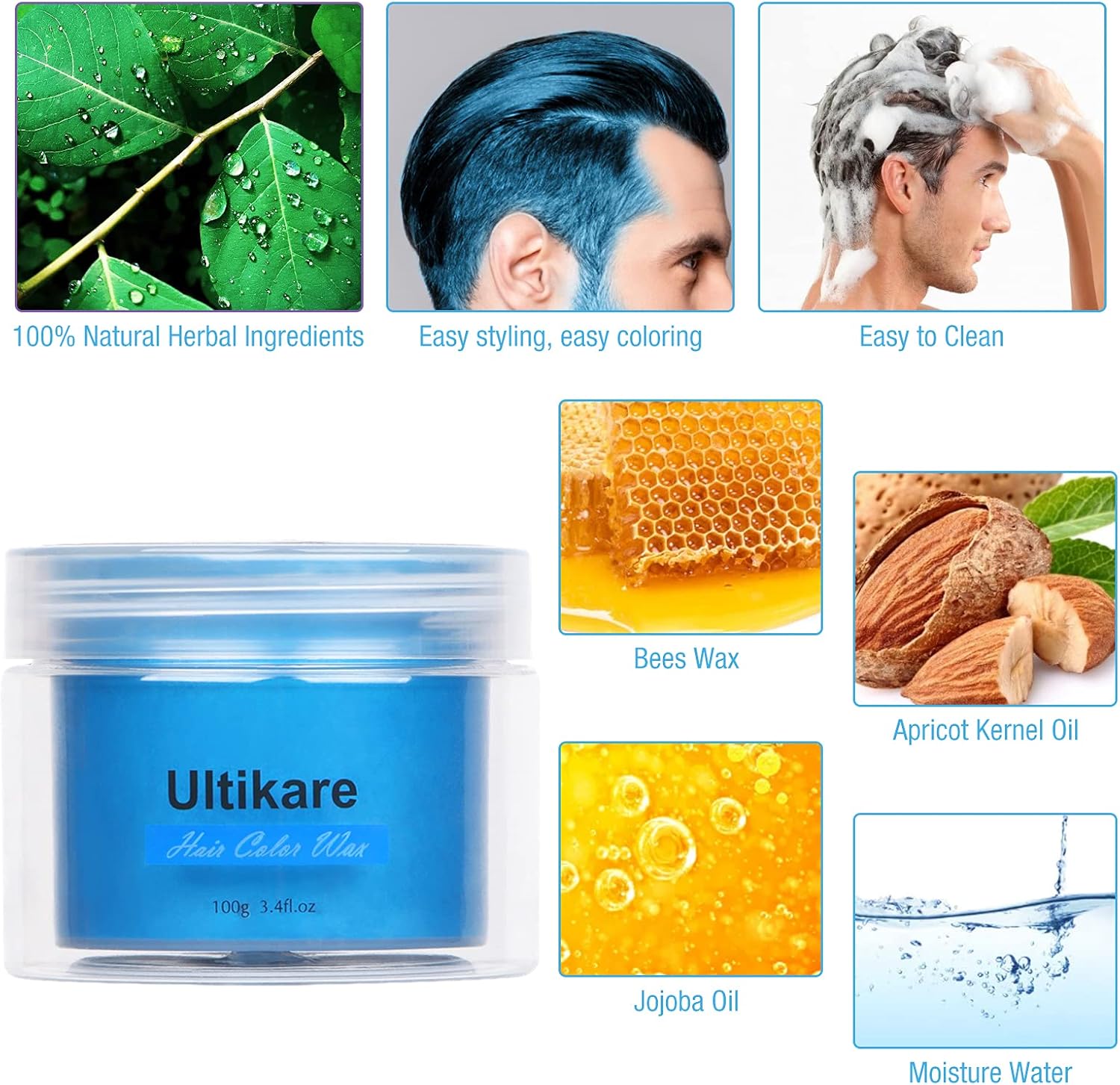 Cire de coloration temporaire pour cheveux - Effet instantané - Lavable - Argile capillaire pour homme et femme - Cire coiffante pour fête, cosplay et Halloween - Bleu