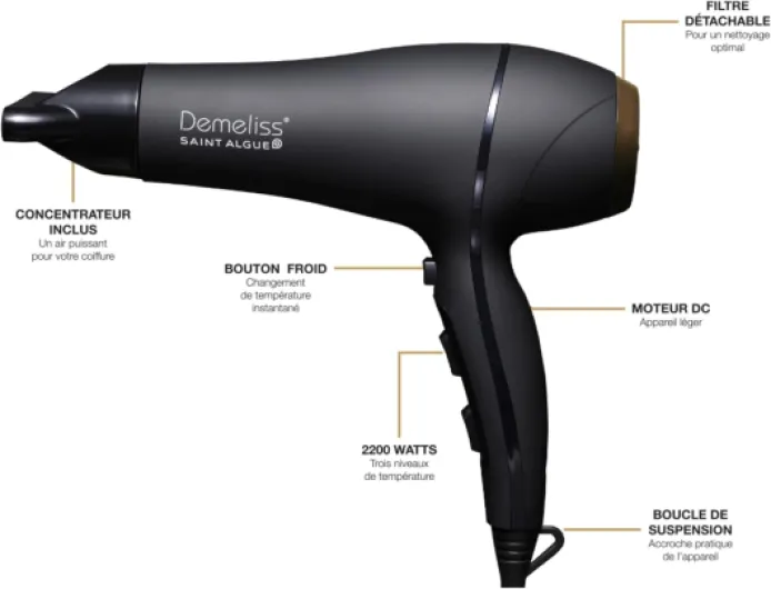 Saint Algue Sèche Cheveux ULTRA 2200W - 2 Vitesses, 3 Températures - Technologie Tourmaline - Concentrateur Inclus - Cheveux Brillants, Coiffure Sans Frisottis - Léger, Puissant Noir