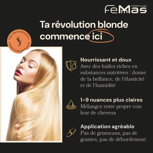 FemMas Kit blanchiment : poudre décolorante 100 g et oxycrème 100 ml - Kit parfait pour cheveux blonds - Jusqu'à 9 tons plus clairs 6%