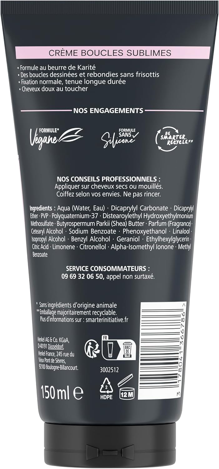 , Crème Boucles Sublimes, Definit les boucles, Anti-Frisottis, Formule avec du beurre de Karité, Végane et sans silicone, Fixation normale, Tenue longue durée, 150ml