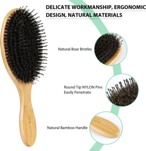 Brosse Cheveux Sanglier avec Poignée en Bambou Brosse Brushing Professionnel et Peigne a Queue Carbone Brosse Cheveux Excellentes Rend les Cheveux Brillants et Soyeux pour Démêler les Cheveux
