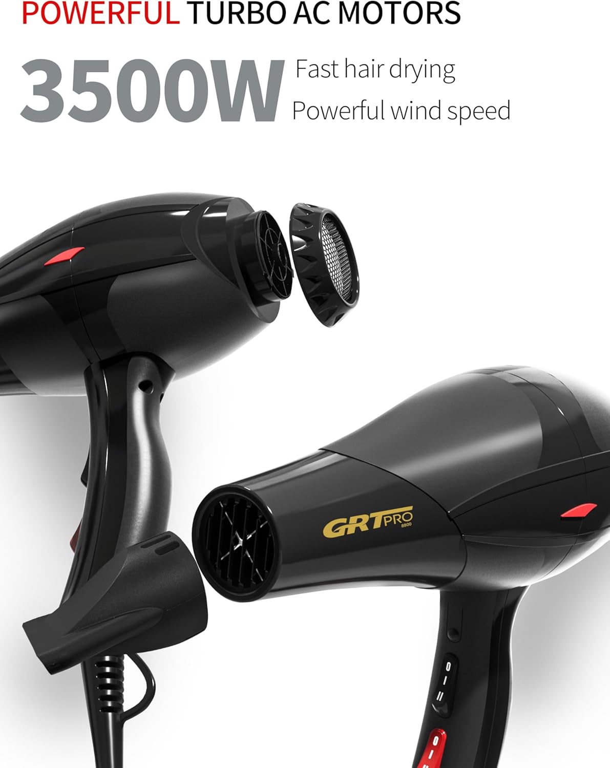 Sèche Cheveux Professionnel 3500W, Sèche-Cheveux Ionique Céramique avec Diffuseur, Puissant AC Moteur 3 Niveaux de Température 2 Vitesses (Noir)