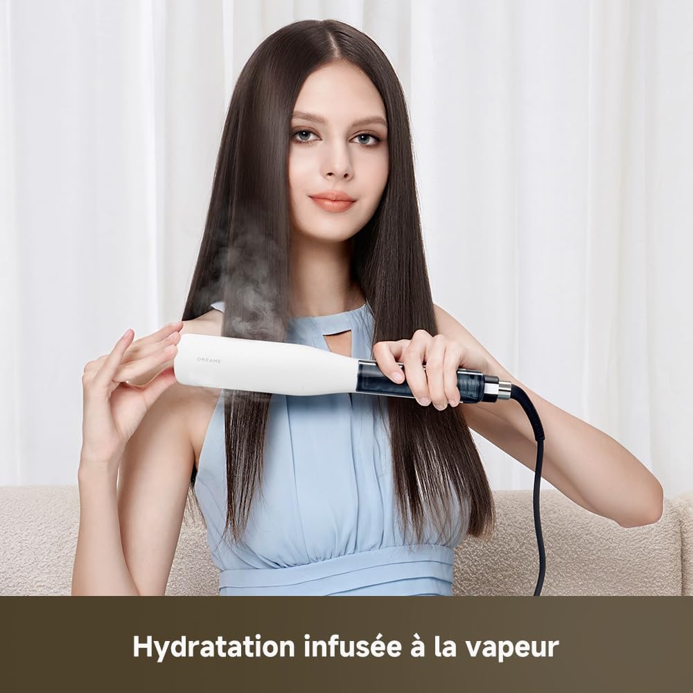 DREAME AuraSteam Straight, Lisseur À Vapeur Infusée, Coiffures Lisses Ou Bouclées, Plaque Élargie, Plaque Flexible 3D, Double Rangée De Vapeur, Réservoir D’Eau 20 Ml Amovible, 5 Niveaux De Température