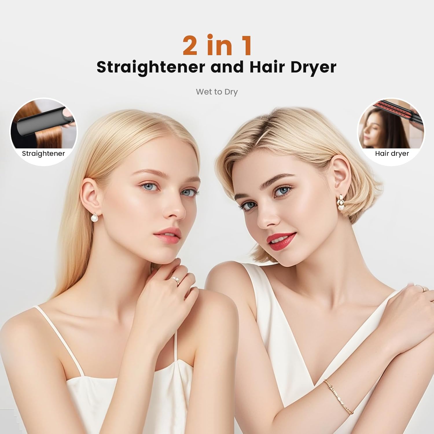 Sèche-Cheveux Lisseur 2 en 1, Lisseur à Air Ionique 200 m/min - Plasma Coiffage Mouillé à Sec, Sans Dommage Thermique, Séchage & Lissage Rapide pour Cheveux Mi-Longs à Longs - 4 Température Noir