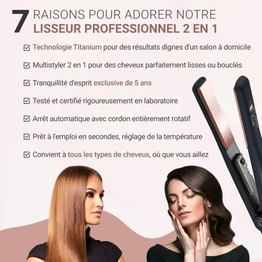 Golden Curl Fer Lisseur Cheveux Professionnel - 5 Ans de Tranquillité - Fer à Lisser et Boucleur Cheveux 2 en 1 - Appareil de Coiffure Hair Straightener pour Lisser et Boucler (Rose Gold)
