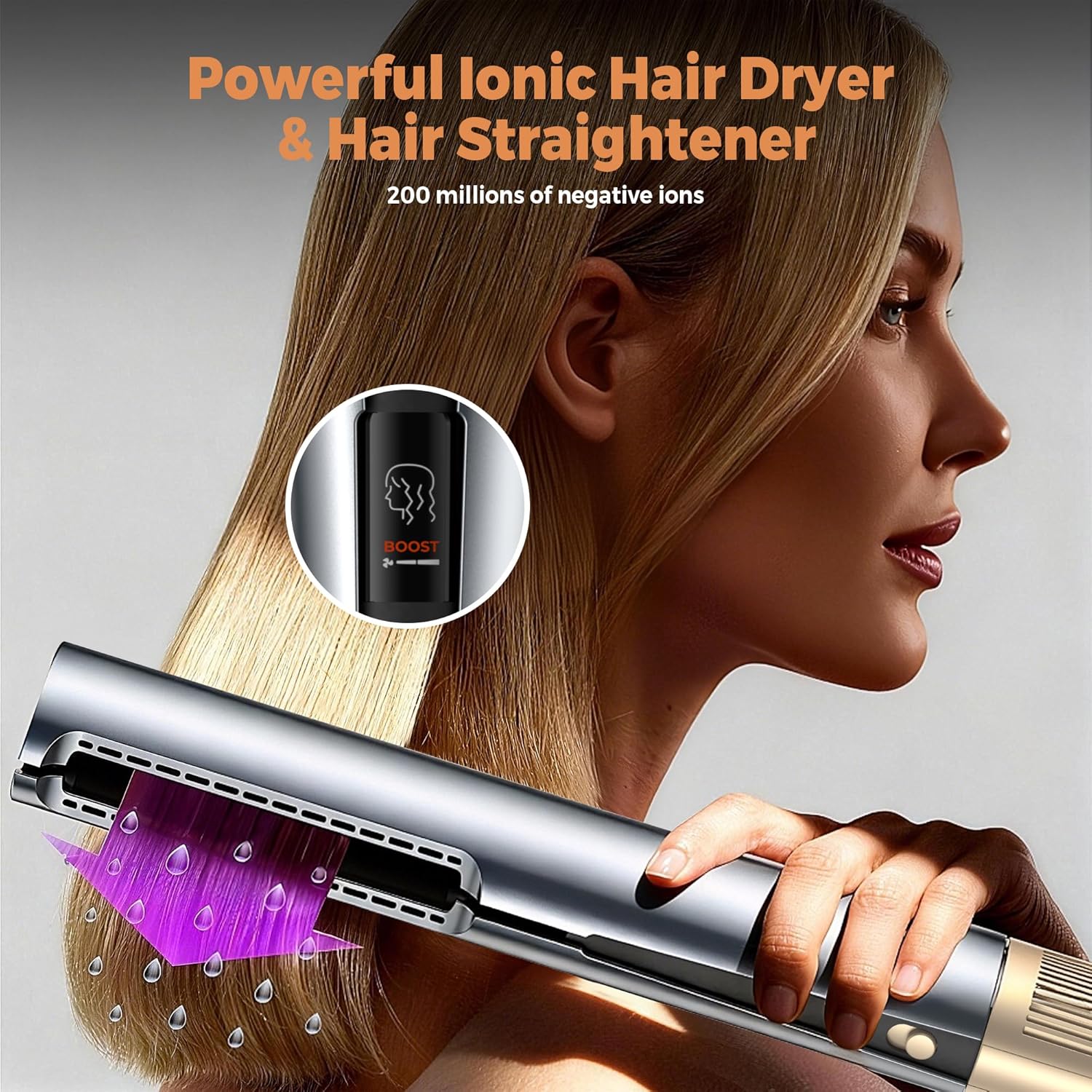 Seche Cheveux Lisseur 2 en 1, Lisseur à Air Ionique 200 m/min - Plasma Coiffage Mouillé à Sec, Sans Dommage Thermique, Séchage & Lissage Rapide pour Cheveux Mi-Longs à Longs Gris