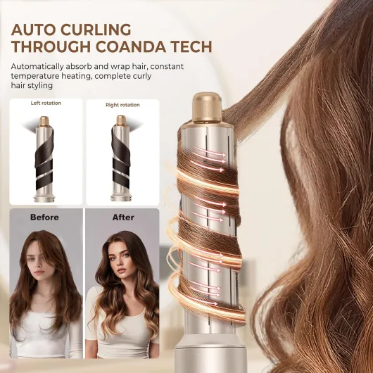 Pro Airstyler Hair Styler Kit 8 en 1 Sèche-cheveux ionique haute vitesse avec flux d'air automatique, fer à boucler, fer à lisser, brosse volume et anti-frisottis – Séchage rapide pour tous les Or