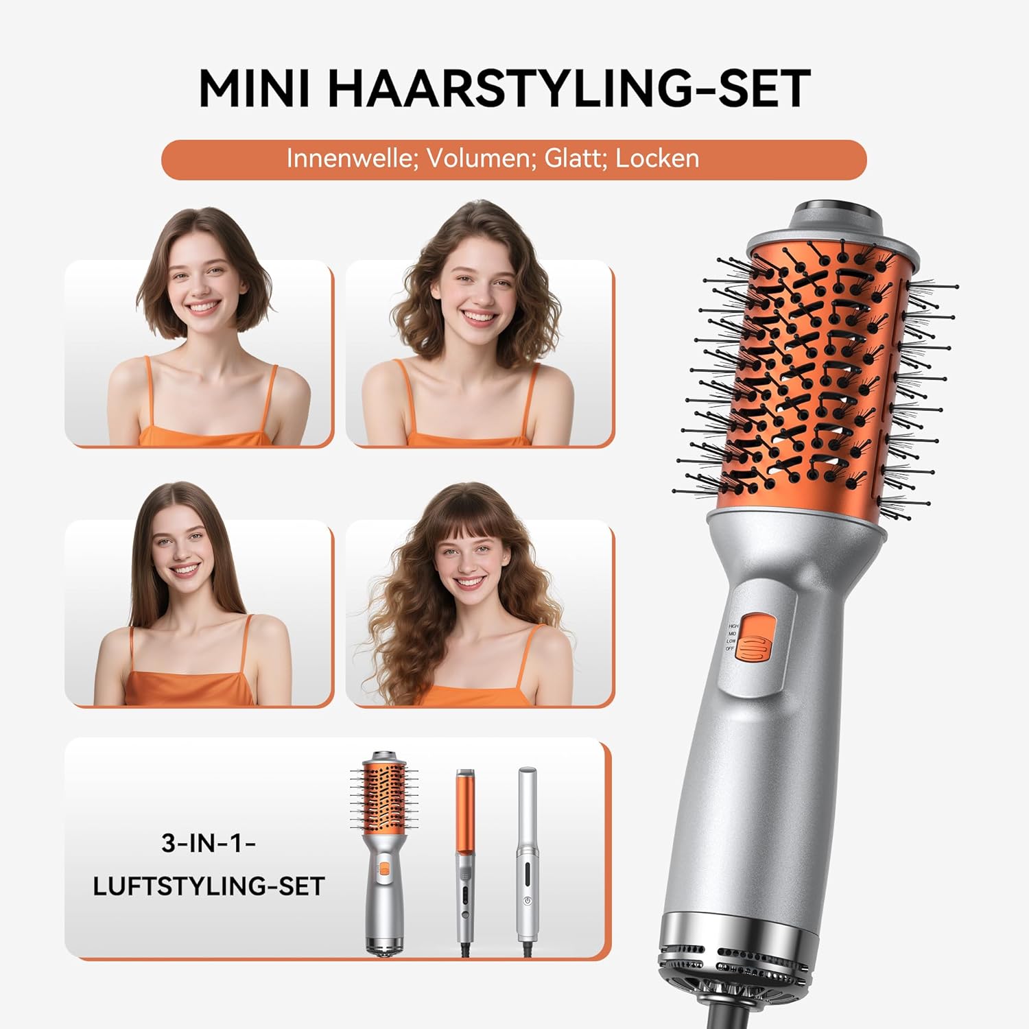 Set Coiffure 3-en-1 de Voyage – Brosse Soufflante + Fer à Boucler 25 mm + Mini Lisseur, Double Tension 100-240V, Kit Compact pour Sécher, Lisser et Boucler Orange2