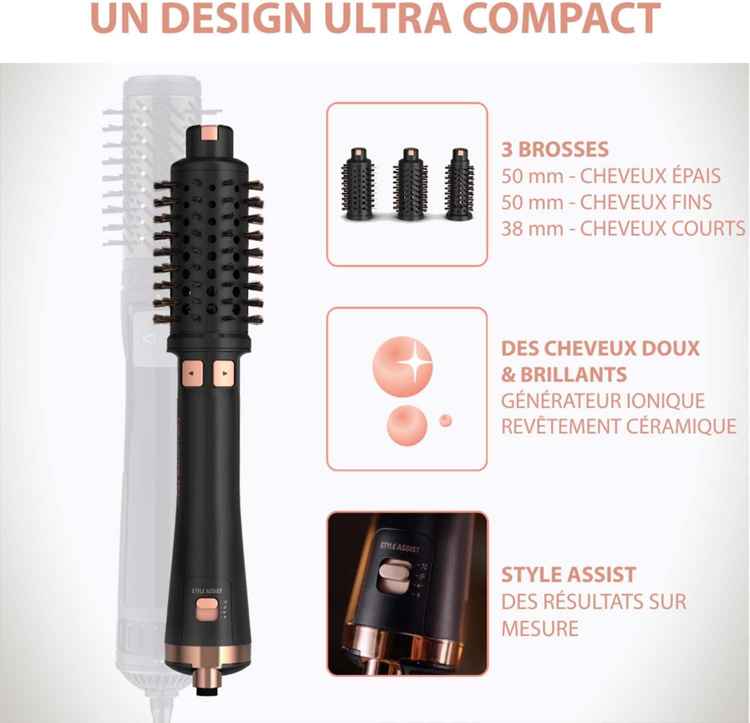 Brosse soufflante rotative 2-en-1, Sèche, Coiffe les cheveux, 3 brosses incluses, Réduit l'électricité statique et les frisottis, Ultimate Expérience, Noir/cuivre CF9620F0