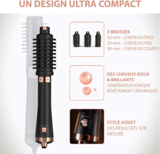 Brosse soufflante rotative 2-en-1, Sèche, Coiffe les cheveux, 3 brosses incluses, Réduit l'électricité statique et les frisottis, Ultimate Expérience, Noir/cuivre CF9620F0