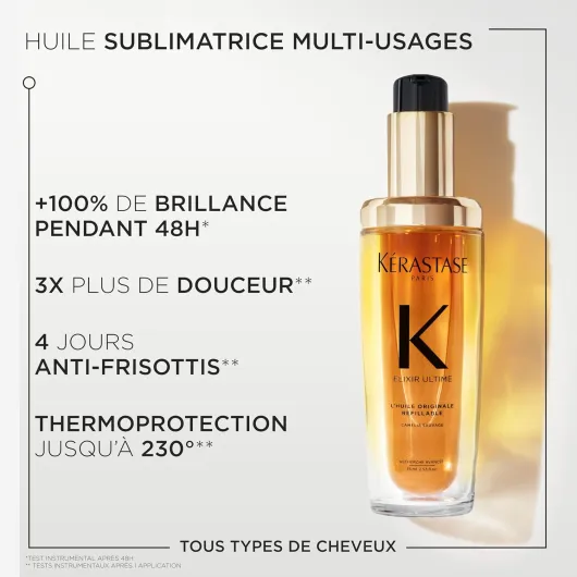 KÉRASTASE Elixir Ultime - L'Huile Originale - Huile Capillaire Nourrissante Multi-Usage - Soin Thermo-Protecteur Sans Rinçage - Huiles de Camélia & Argan - Tous Types de Cheveux Huile Rechargeable