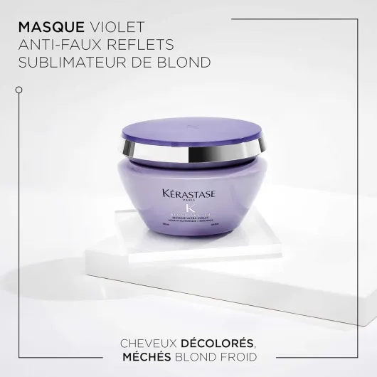 KERASTASE Blond Absolu - Masque Cheveux Ultra-Violet Perfecteur Anti-Faux Reflets - 3 Jours de Douceur - Acide Hyaluronique & Vitamines C+E - Vegan - Cheveux Blonds Décolorés ou Méchés - 200 ml