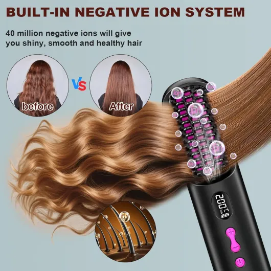 Brosse Lissante Sans Fil 9600mAh, Portable et Pratique Pour Les Voyages Brosse Chauffante Cheveux Court, Rechargeable par USB, Ions Négatifs, pour Femmes et Hommes