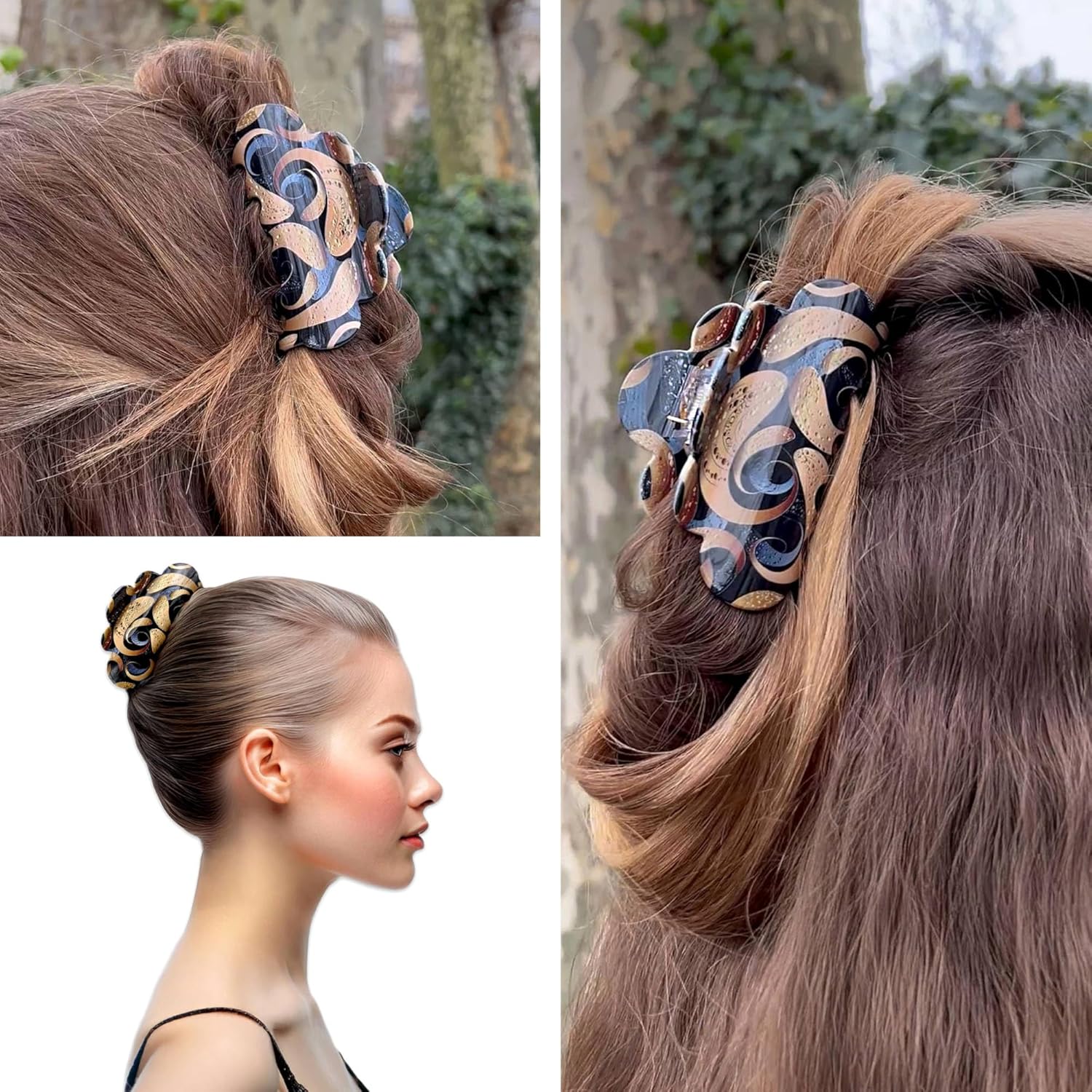 Grande Pince à Cheveux Femme - Barrette Cheveux Luxe avec Motif Doré et Noir - Accessoire Chic pour Cheveux Épais - Pince Crabe Élégante et Durable Noir Et Doré