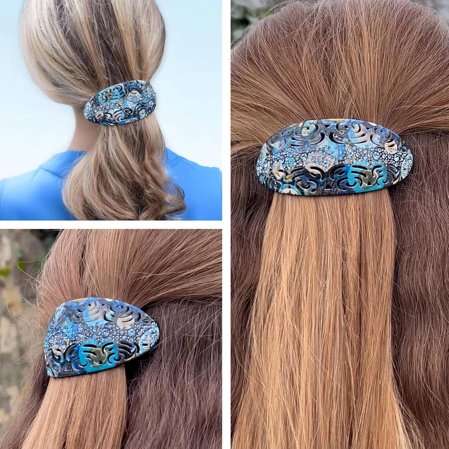 Barrette Cheveux Femme Élégante – Pince Métallique Ultra Résistante avec Strass – Accessoire Chic en Acétate de Cellulose – Chignon ou Queue de Cheval – 3 Coloris Disponibles Bleu