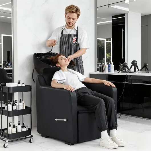 Chaise de barbier avec lavabo, Repose-Pieds Rabattable, lavabo de Coiffure en céramique réglable, Fauteuil de Coiffure pour Salon Spa, Poste de Lavage 8620 (Noir/Cuir synthétique)