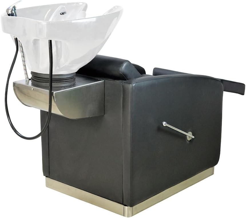 Italian Design - Bac de Lavage Pour Salon de Coiffure Professionnel Straight Line Black - Design Ergonomique avec Cuvette Pivotante en Céramique - Siège Rembourré et Structure Métallique