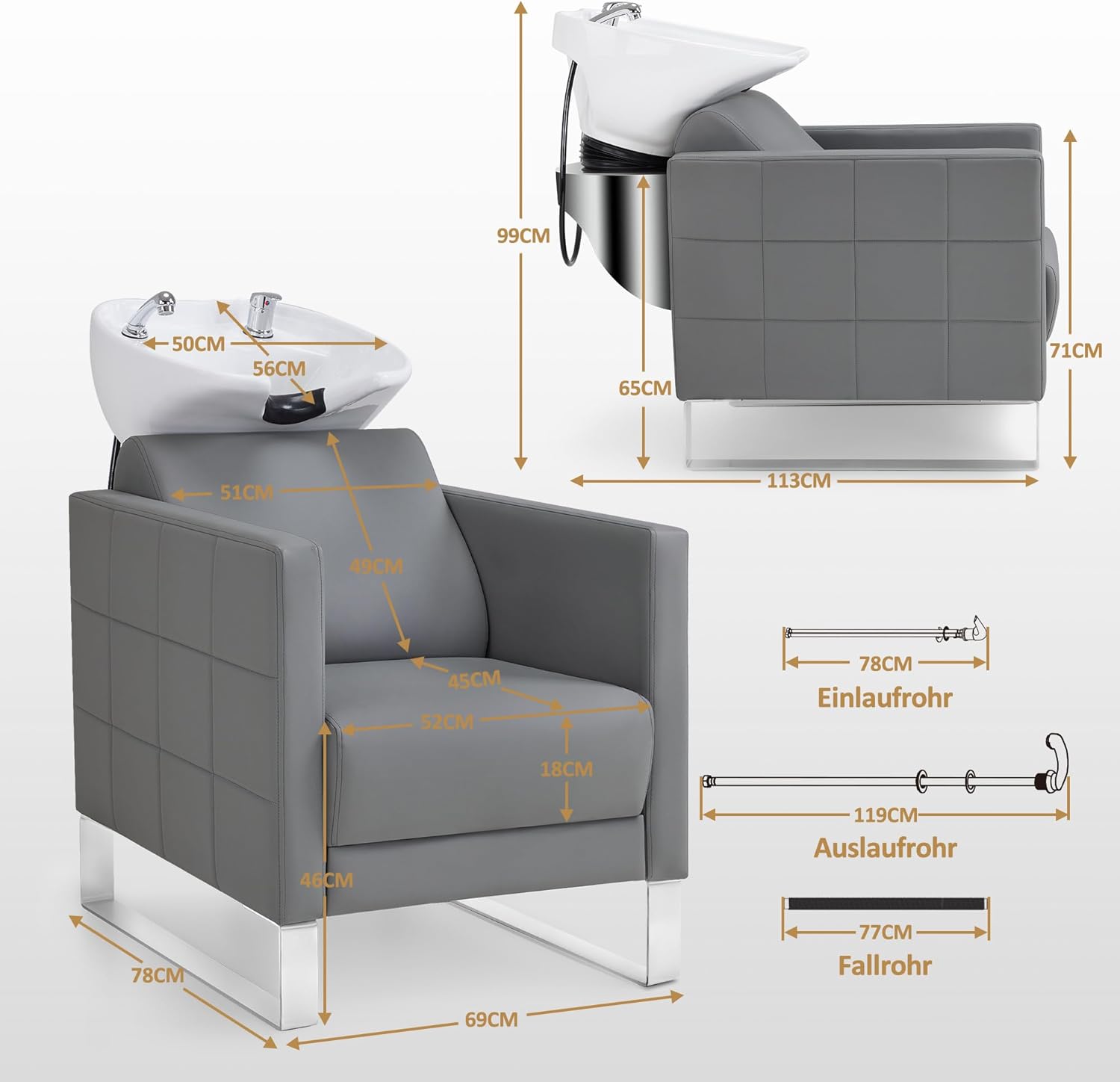 Chaise de barbier avec lavabo, Base en Acier Inoxydable, lavabo de barbier en céramique réglable, Fauteuil de barbier pour Spa Salon, Station de Lavage 8611 Gris sans tabouret
