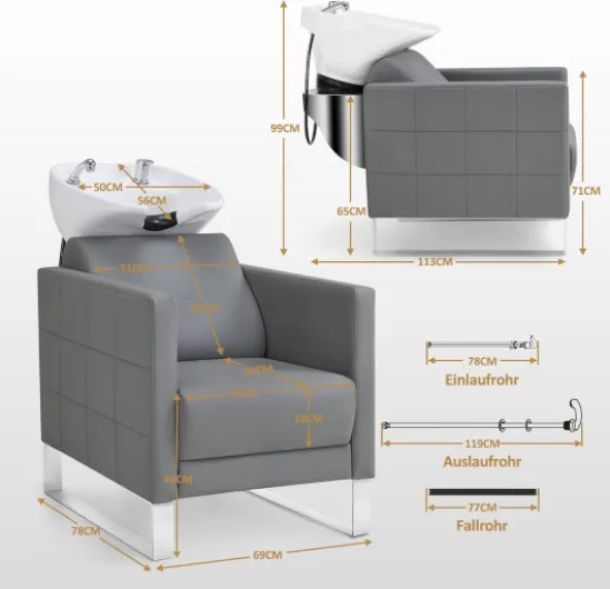 Chaise de barbier avec lavabo, Base en Acier Inoxydable, lavabo de barbier en céramique réglable, Fauteuil de barbier pour Spa Salon, Station de Lavage 8611 Gris sans tabouret