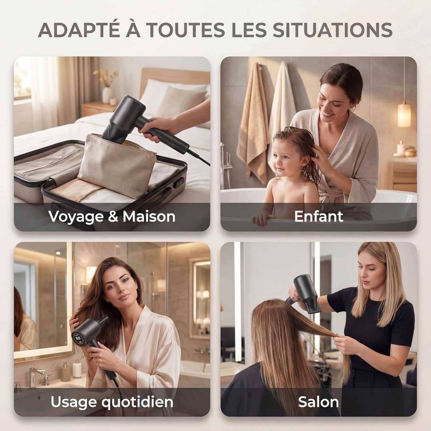 Sèche-Cheveux Ionique Professionnel, Léger, Séchage Ultra-Rapide, Moteur Silencieux, Anti-Frisottis, 2 Embouts Magnétiques Inclus, Technologie Ions Négatifs