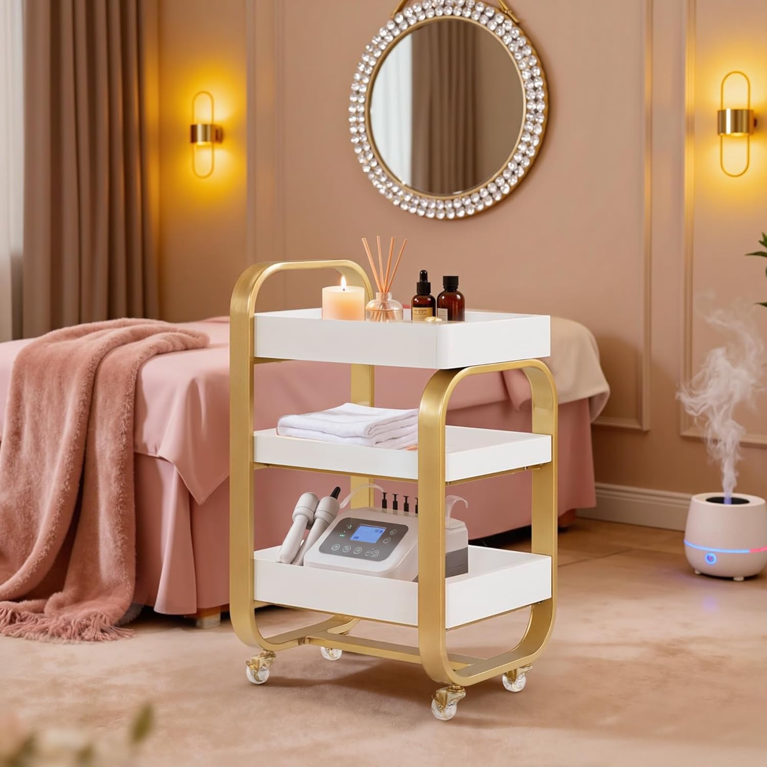 Chariot de Rangement à 3 Niveaux, roulettes Pivotantes Verrouillables, Desserte à roulettes pour Salon de Beauté, Spa ou Soins Esthétiques, Salle de Bain, Buanderie (Blanc&Doré)