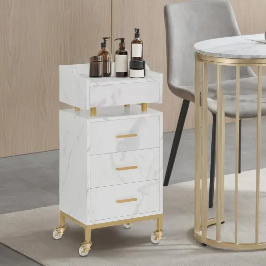 Chariot de Service avec roulettes & 4 tiroirs, Chariot de Coiffure Blanc, Chariot de Salon avec étagère, Chariot de Travail Moderne pour Salle de Bain Salon, 30x40x86,5 cm, 0062