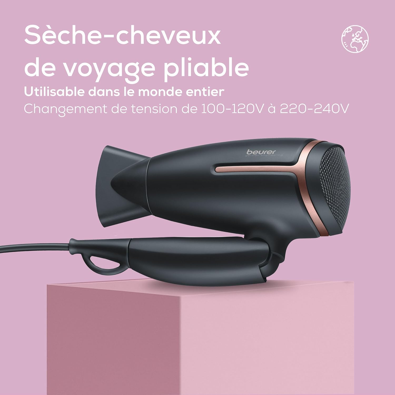 HC 25 Sèche-cheveux de voyage pliable avec fonction ionique, puissant, pour des cheveux doux et souples, pour les déplacements, 1 600 watts, adaptation mondiale de la tension 110-120/220-240 V