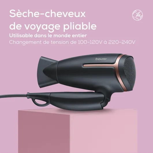 HC 25 Sèche-cheveux de voyage pliable avec fonction ionique, puissant, pour des cheveux doux et souples, pour les déplacements, 1 600 watts, adaptation mondiale de la tension 110-120/220-240 V