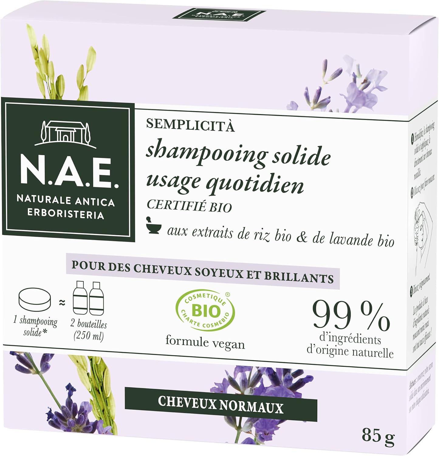 N.A.E - Shampoing Solide Certifié Bio, Usage Quotidien Cheveux Normaux, Extraits de Riz Bio et de Lavande Bio, Formule Vegan, 99 pour cent d'ingrédients d'origine naturelle, Savon de 85 g 1 unité (Lot de 1)