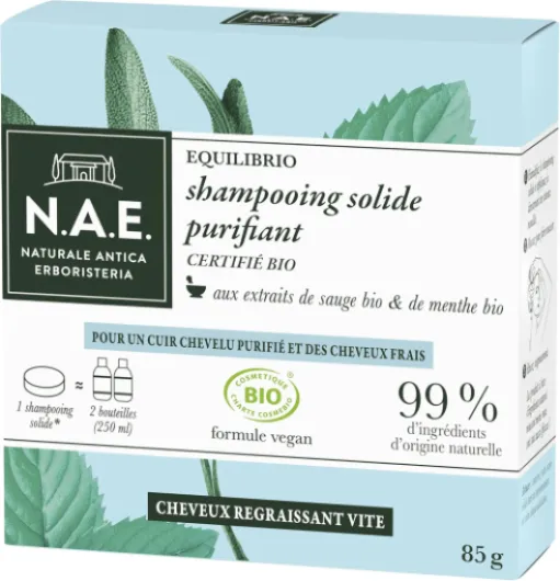 N.A.E - - Shampoing Solide Certifié Bio - Purifiant Cheveux Gras - Extraits de Sauge Bio et de Menthe Bio - Formule Vegan - 99 % d'ingrédients d'origine naturelle - Savon de 85 g 85 g (Lot de 1)